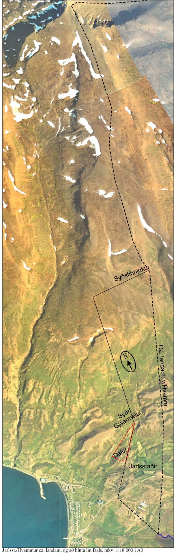 Loftmynd af landi Jarlsstaða, ekki hárnákvæm landamerki.